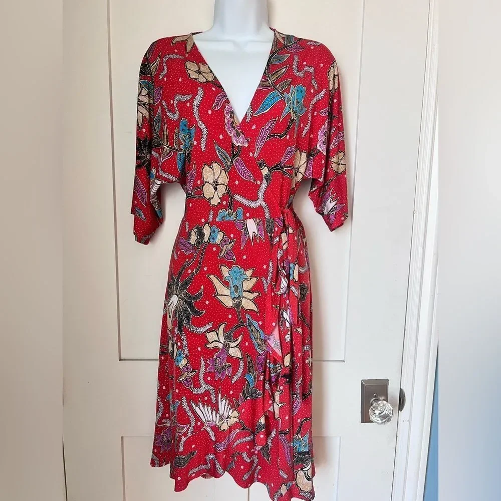 Veronica M Red Floral Wrap Midi Dress Sz XS